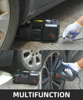 5 Ton Electric Floor Jack Kit With Inflator Pump And LED Light in use on SUV, showing hydraulic lift and tire inflation