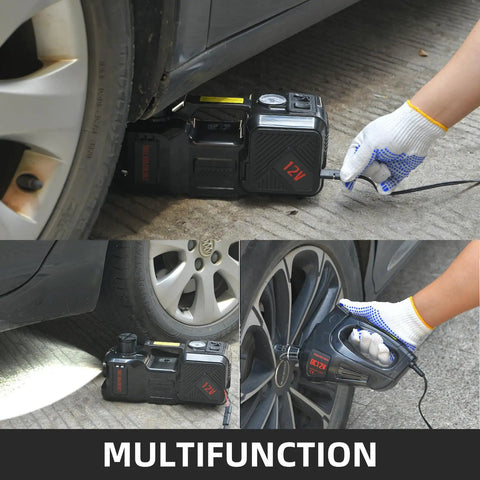 5 Ton Electric Floor Jack Kit With Inflator Pump And LED Light in use on SUV, showing hydraulic lift and tire inflation