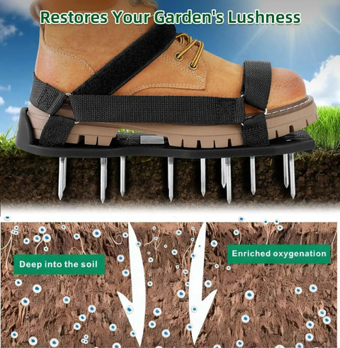 Lawn Aerator Shoes With Hook And Loop Straps Heavy Duty Spiked Sandals For Lawn Aeration showing spiked sole and cross-section