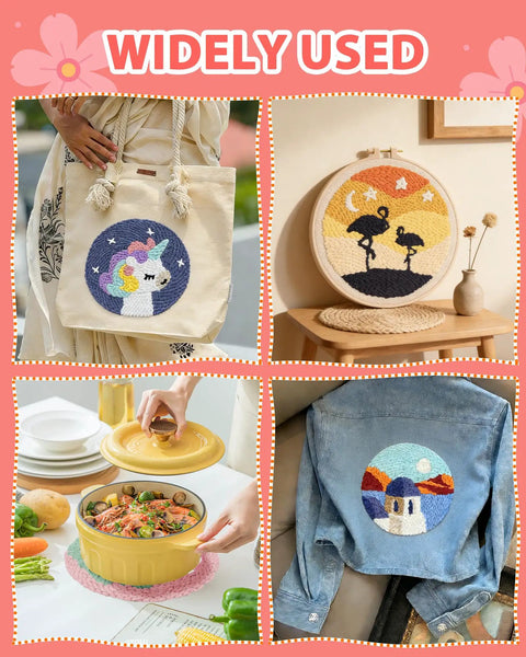 All In One Punch Needle Kit For Beginners No Experience Needed With Pink Flower Pattern Complete DIY Embroidery Set on tote bag, wall, pot cover, denim jacket