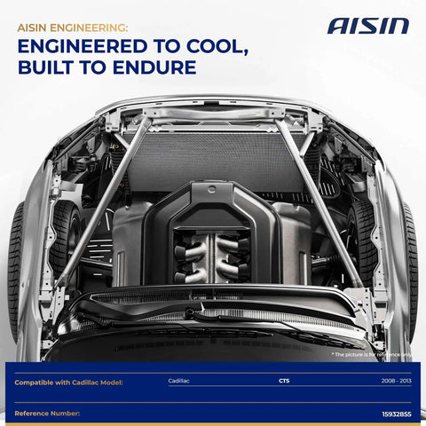 Premium Aftermarket Radiator For Complete Engine Cooling System Heavy Duty Replacement Part visibility in Cadillac CTS engine compartment.