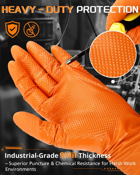Orange nitrile work gloves with raised diamond texture grip, 9 mil thick, heavy-duty, front view