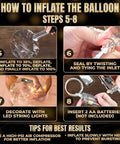 Image guide showing steps 5-8 for inflating balloons with tips for best results and LED string light decoration.