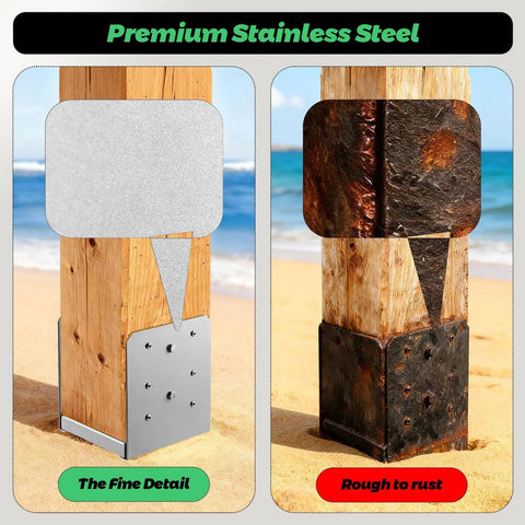 Comparison of premium stainless steel vs rusted metal on Heavy Duty 4x4 Post Base Bracket Set Stainless Steel Adjustable Anchor Plate For Deck Porch Handrails Railing Support 2 Pack Internal 3.75 x 3.5 Inch Fits 4x4 Posts