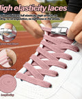 No Tie Elastic Shoelaces With Quick Adjustable Fit For Shoes Sneakers And Sports Footwear Easy On Secure Lacing For Fast Slips And All Day Comfort No Tie Convenience For Athletes And Everyday Wear pink elastic laces with metal press-stud closure on white sneaker