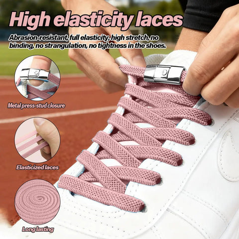 No Tie Elastic Shoelaces With Quick Adjustable Fit For Shoes Sneakers And Sports Footwear Easy On Secure Lacing For Fast Slips And All Day Comfort No Tie Convenience For Athletes And Everyday Wear pink elastic laces with metal press-stud closure on white sneaker