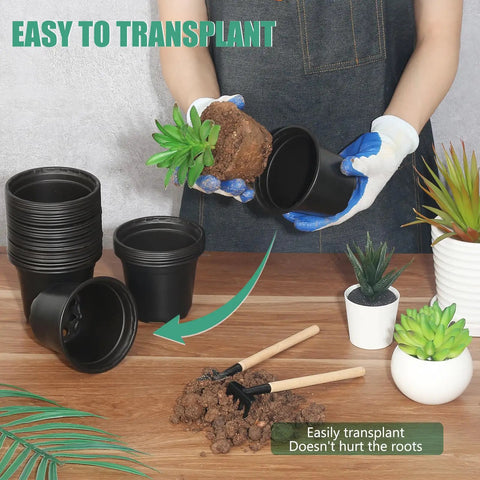 Person transplanting succulent into 120 Pack 4 Inch Plastic Nursery Pots With Drainage Holes For Seedlings And Succulents