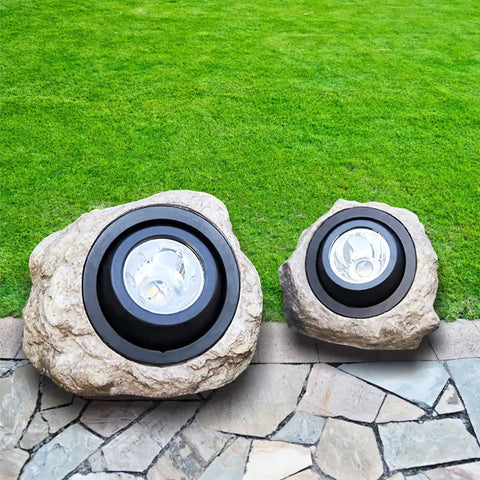 Pair of rock solar garden lights with hella bright LEDs solar powered landscape lighting for pathways and yards on stone path