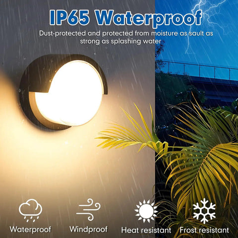 Round Outdoor Sconce Lights Low Profile Porch Lighting Modern Wall Fixtures 12W 3200K Warm White for Patio in rainy scene.