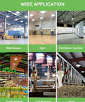 Various locations showcasing Ultra Bright 300W UFO LED High Bay Light 43500 Lumens 5000K Daylight 0 10V Dimmable IP65 Waterproof applications