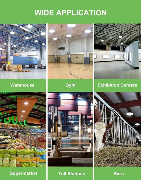 Various locations showcasing Ultra Bright 300W UFO LED High Bay Light 43500 Lumens 5000K Daylight 0 10V Dimmable IP65 Waterproof applications