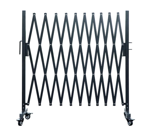 Front view of Beefed Up Expandable Metal Barricade 11 Foot Mobile Safety Barrier Gate With Casters Retractable Fence in black.