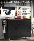 54 Inch Farmhouse Kitchen Cart Featuring A Nifty Power Outlet And Hefty Storage Space With Smooth Rolling Lockable Wheels and 360 degree swivel wheels.