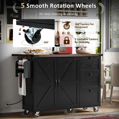 54 Inch Farmhouse Kitchen Cart Featuring A Nifty Power Outlet And Hefty Storage Space With Smooth Rolling Lockable Wheels and 360 degree swivel wheels.