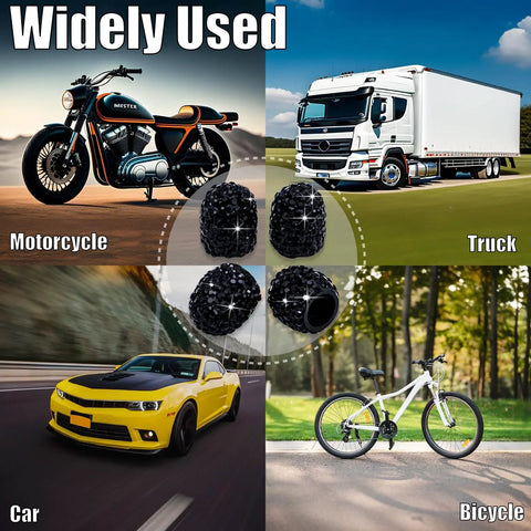 4Pcs Bling Crystal Diamond Tire Valve Caps Set Premium Dustproof Universal Wheel Stem Covers shown with car, motorcycle, truck, and bicycle.