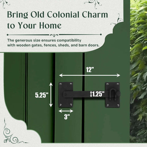 Black Iron Gate Flip Latch 12 Inch Large Heavy Duty Antique Two Sided Flip Locks installed on green fence