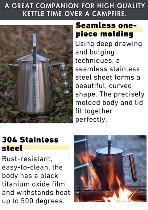 1.5L Campfire Kettle For Camping Stainless Steel Coffee Pot With Seamless One Piece Molded Body in action over campfire