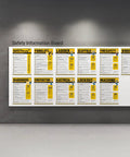 Safety information board with multiple workplace safety posters including Essential Ladder Safety Poster With OSHA Rules.