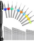 Pro Grade 59 Piece Hand Drill Bits Set With Pin Vise And Micro Twist Bits Plus 10 Tungsten Carbide PCB Rotary Bits displayed in set
