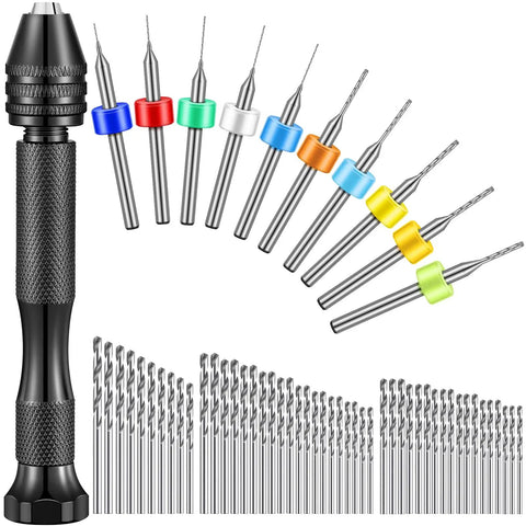 Pro Grade 59 Piece Hand Drill Bits Set With Pin Vise And Micro Twist Bits Plus 10 Tungsten Carbide PCB Rotary Bits displayed in set