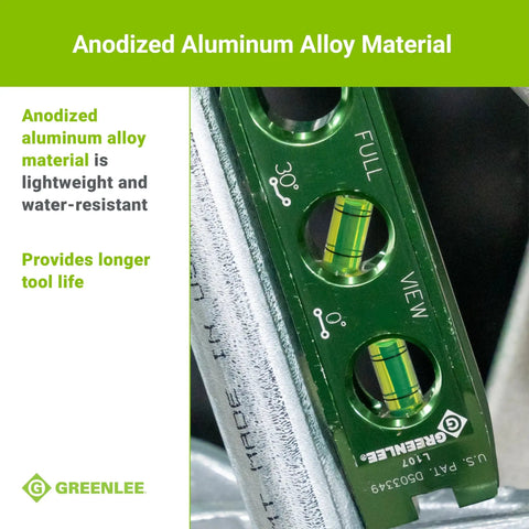Close-up of Magnetic Torpedo Level For Electricians With Conduit Bending Offset Aid showing vials and anodized aluminum material.