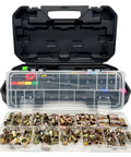 Pro Grade 16 Inch Rivet Nut Tool Kit With 15 Metric And SAE Mandrels, 236 Assorted Rivet Nuts, Heavy Duty Carrying Case displayed open