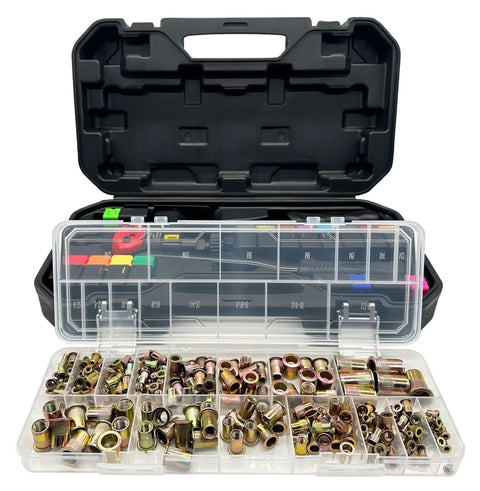 Pro Grade 16 Inch Rivet Nut Tool Kit With 15 Metric And SAE Mandrels, 236 Assorted Rivet Nuts, Heavy Duty Carrying Case displayed open