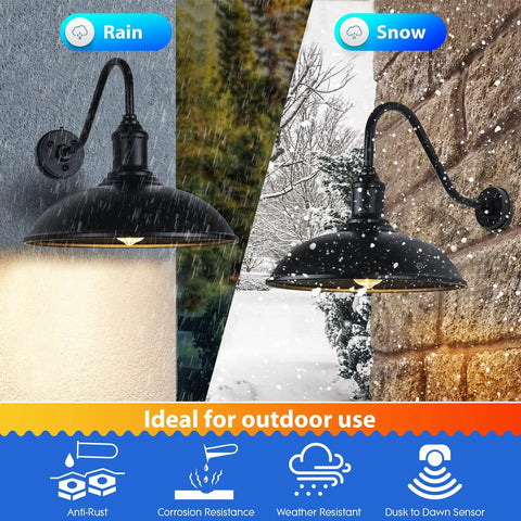 Dusk To Dawn Exterior Farmhouse Barn Light 18 Inch Diameter Gooseneck Fixture in rain and snow, durable for outdoor use