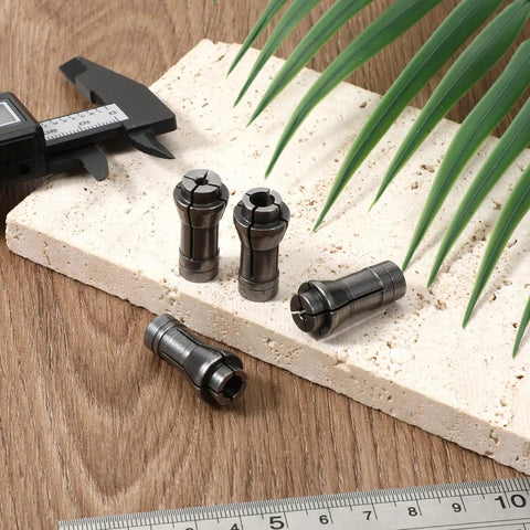 4 Piece 1/4 To 1/8 Inch Die Grinder Collet Adapter Set, Includes 3mm And 6mm Collets, Durable Iron Build, displayed on a stone