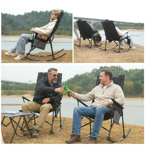 Two Pack High Back Portable Rocking Chairs With Hard Armrests For Outdoor Hangouts by lake, two men sitting and relaxing
