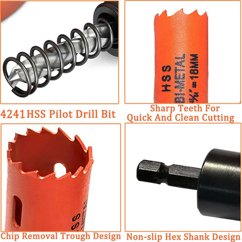 XIANFENGHU wood hole saw set, 5/8–3/4 in, HSS bi-metal with 1/4 in hex shank adapter, orange