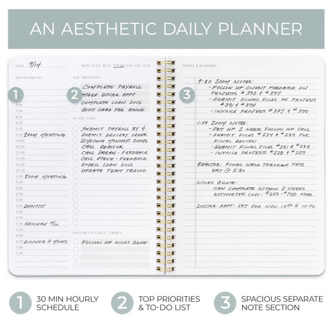 Open Daily Planner With Hourly Schedule Spiral Notepad For Easy Tasking And Appointment Organization, showing detailed tasks and notes.