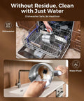 All In One Milk Frother And Steamer With 27oz Capacity in dishwasher and being cleaned with water at kitchen sink.