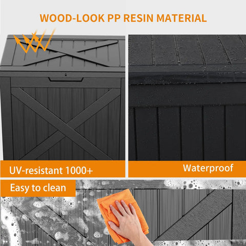 36 Gallon Outdoor Deck Box Waterproof Lockable Resin Storage Chest with wood-look finish and easy-to-clean surface