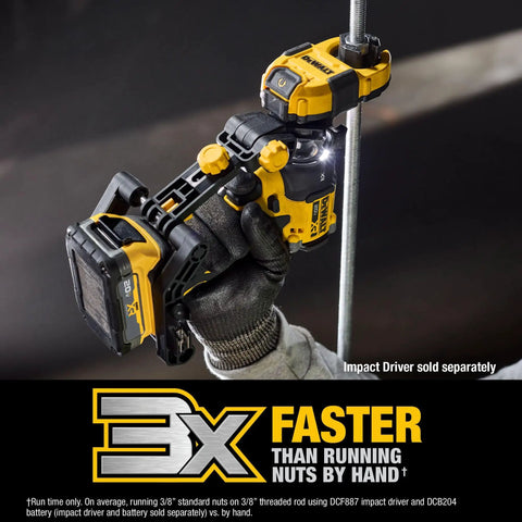 No Sweat Heavy Duty Nut Runner Attachment For Impact Driver shown in use, gripping a threaded rod for quick bolt tightening.