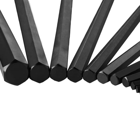 Close-up of black Cr-V steel wrenches from the 30-Piece Hex Key Set With Long Arm SAE And Short Arm Metric Allen Wrenches, Durable Storage Case.