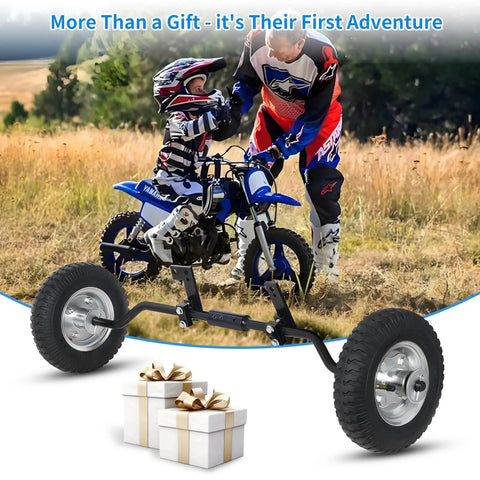 Dirt Bike Training Wheels Set For 50cc Mini Bikes, view with child and adult, Honda CRF50 XR50 Z50 Z50R Yamaha PW50 compatible