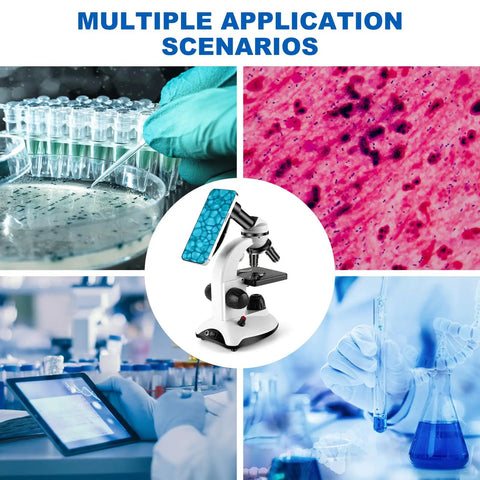 Collage showing All In One Microscope For Adults And Kids With 40X-2000X Magnification, laboratory use, and specimen analysis.