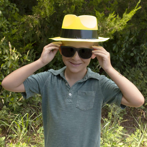 Child wearing Neon Fedora Party Hats And Sunglasses Set For 80s Gangster Theme, Glow Party Accessories, Plastic Fedoras with Cool Sunglasses.