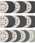 100 Pcs 5 Inch Sanding Discs Hook And Loop With 8 Holes Wet Dry Sandpaper Assortment in various grits displayed in stacks
