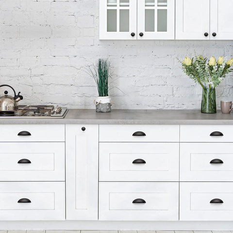 Kick Up Your Kitchen Game With These Sleek 3 Inch Cup Pulls Offering Snappy Grip Heavy Duty Hardware And A Durable Oil Rubbed Bronze Finish 6 Pack Premium Quality on white cabinets.