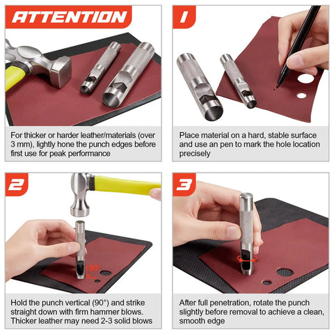Instructions showing usage of 12 Piece Hollow Leather Punch Set Made Of Steel, Heavy Duty Round Hole Punch Kit for precise leather cutting.