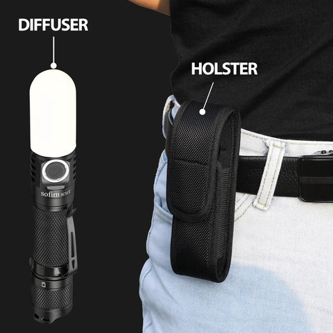 Rechargeable Pocket EDC Flashlight Tiny But Mighty 2000 Lumens LED Light For Camping And Hiking next to a holster on belt