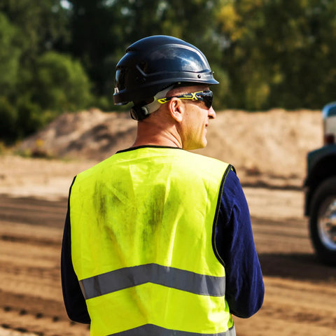 Worker wearing MX300 Safety Glasses With Anti Fog Lenses ANSI Z87 Plus 100 Percent UV Protection on construction site