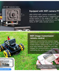 AI robot kit for STEM education with ESP32 camera on Mecanum wheels showing WiFi control features with smartphone.