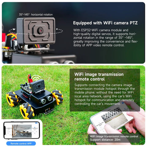 AI robot kit for STEM education with ESP32 camera on Mecanum wheels showing WiFi control features with smartphone.