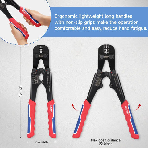 Front view of Pro Grade Wire Rope Crimping Tool with non-slip grips and 4 position jaw for aluminum oval sleeves
