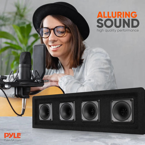 Person singing with microphone next to 4 Way DJ Speaker System With 300 Watt Peak Power And 150 Watt RMS, black finish