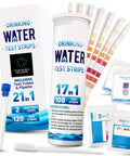 All In One 21 In 1 Water Test Kit With 120 Strips And 2 Bacteria Tests for home tap and well water quality checks, kit components displayed