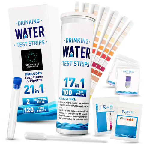 All In One 21 In 1 Water Test Kit With 120 Strips And 2 Bacteria Tests for home tap and well water quality checks, kit components displayed
